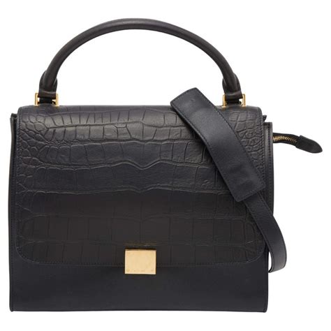 Celine Black Croc Embossed Leather and Suede Medium 